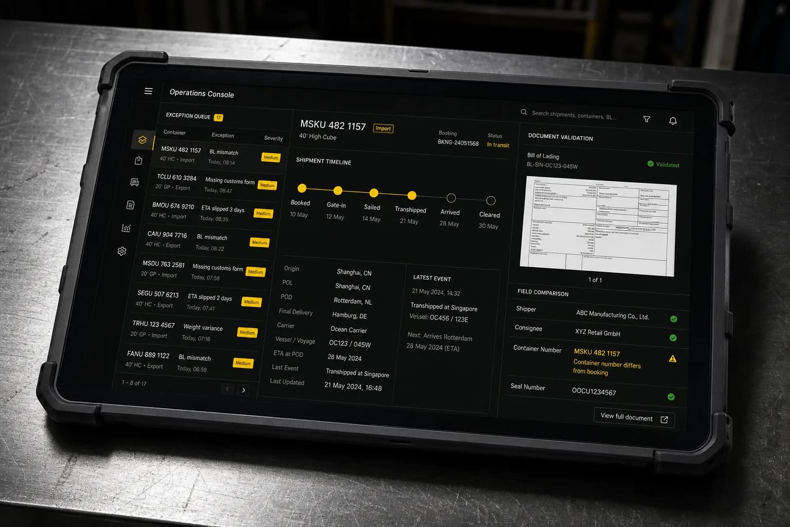 One container's timeline, its documents and its field checks on a single screen at the terminal