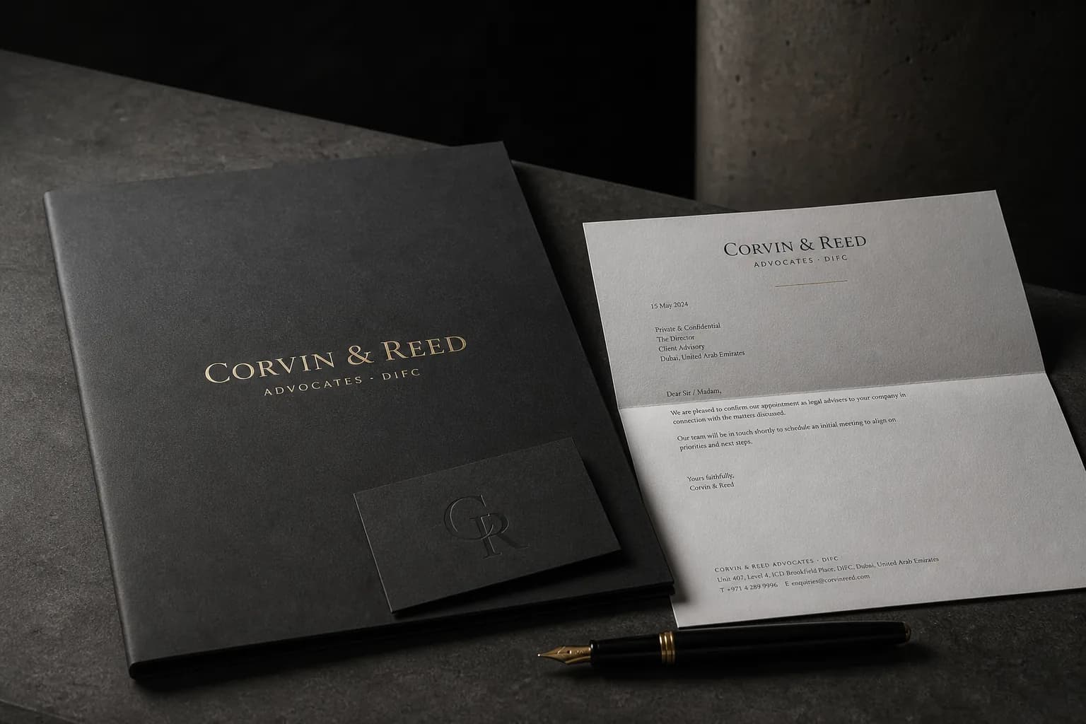 The folder, card and letterhead a board meets before anyone in the firm has spoken