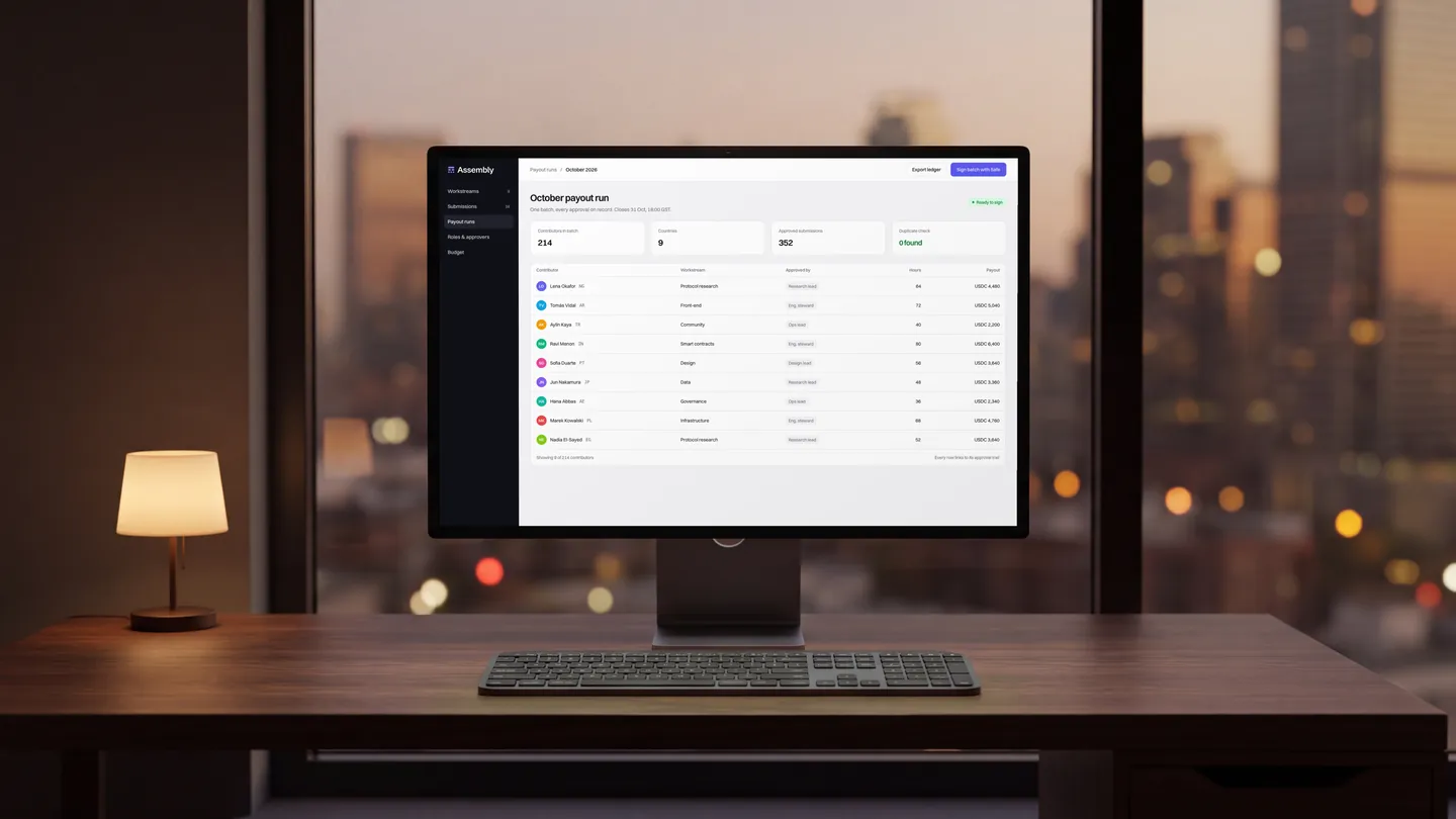 The Assembly payout run on a desktop monitor: 214 contributors in one batch, every approval on record