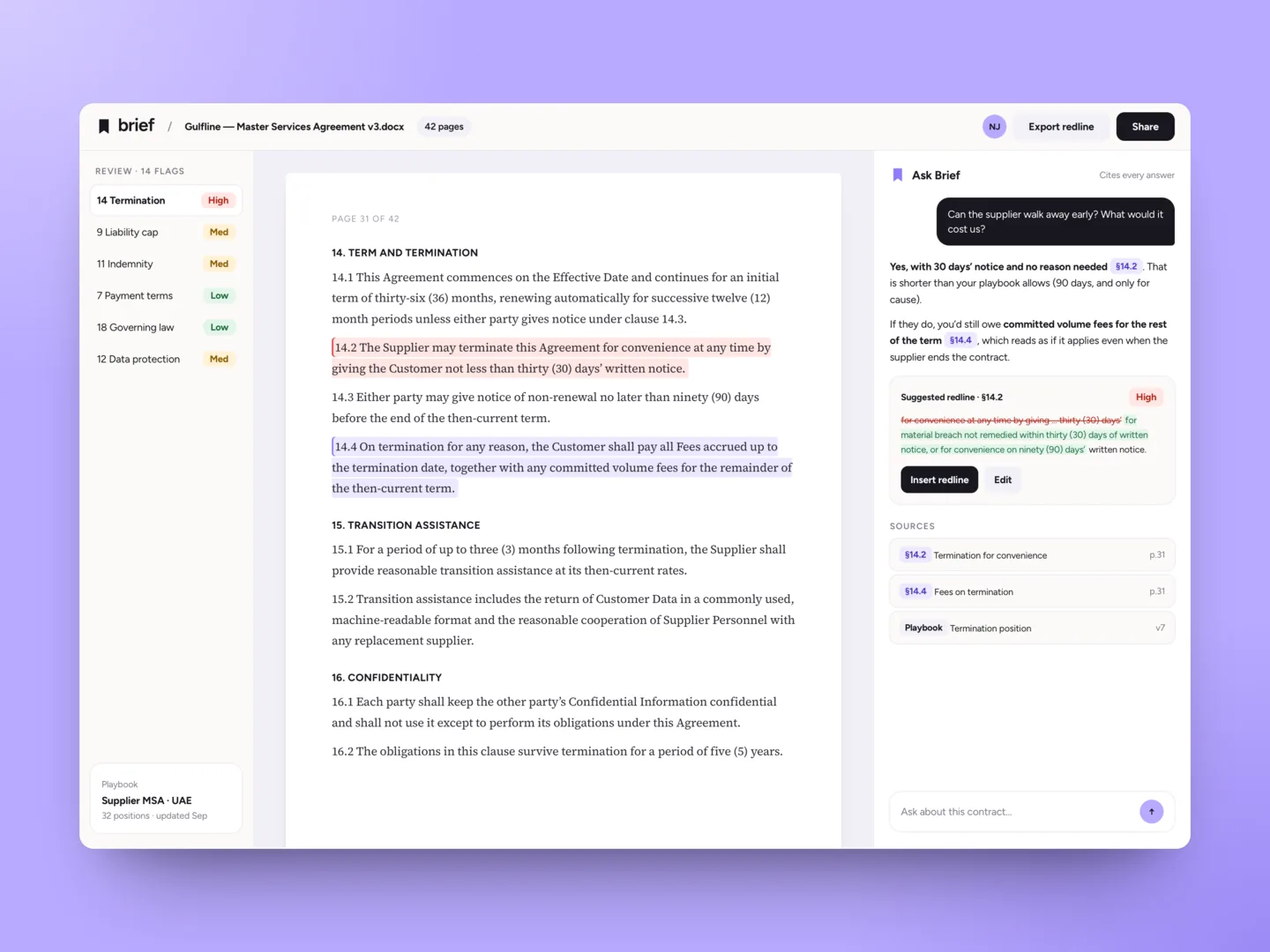 A Brief contract review: a highlighted termination clause and an AI answer with linked citations