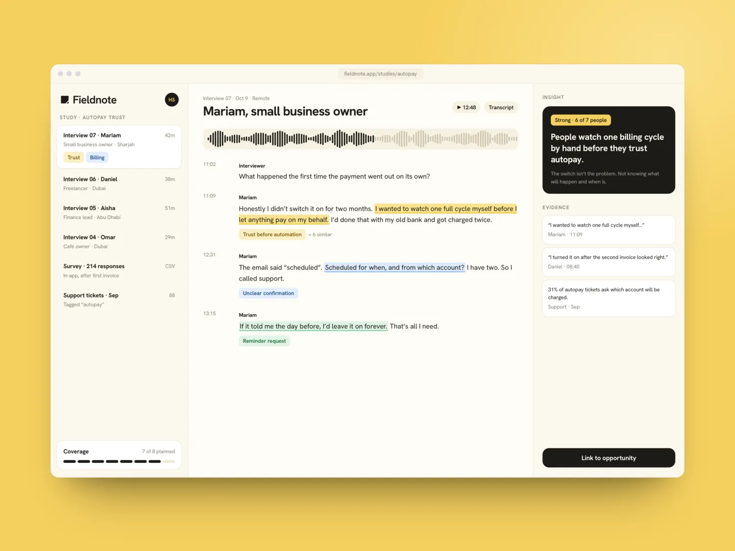 A Fieldnote interview transcript with three highlighted quotes and an insight panel beside it