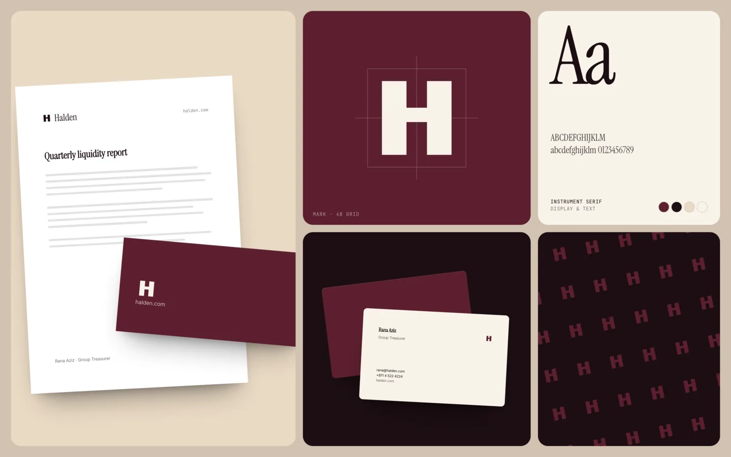 Halden in use: a quarterly report and envelope, the H mark, a serif type specimen, business cards and a mark pattern