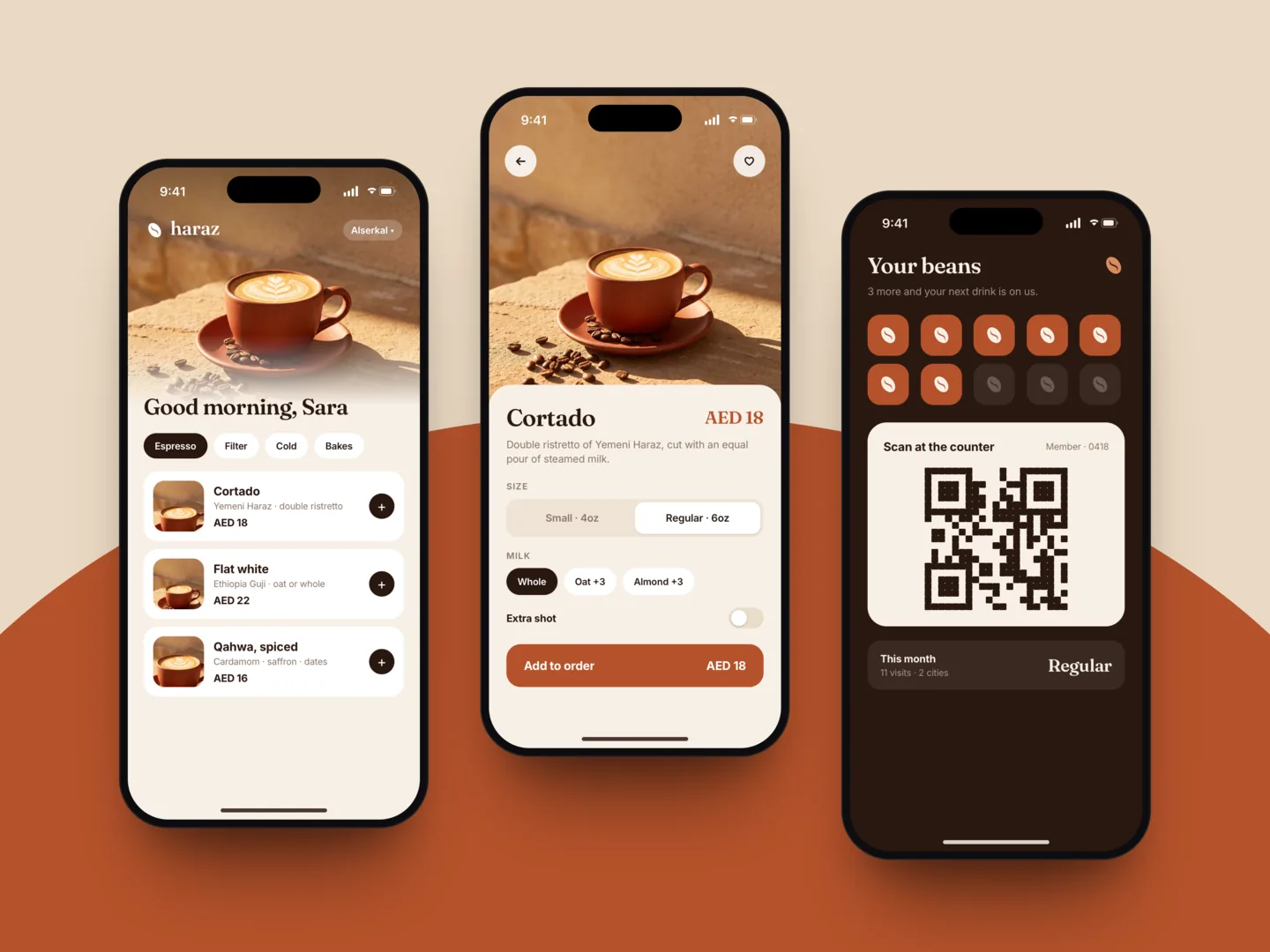 Three Haraz app screens: the menu, a cortado being customised, and a loyalty card of coffee beans
