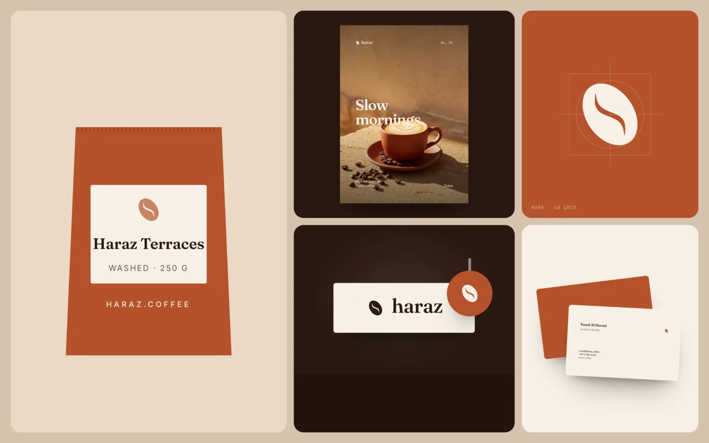 Haraz in use: a terracotta coffee bag, a poster with a cortado, the bean mark, a storefront sign and business cards