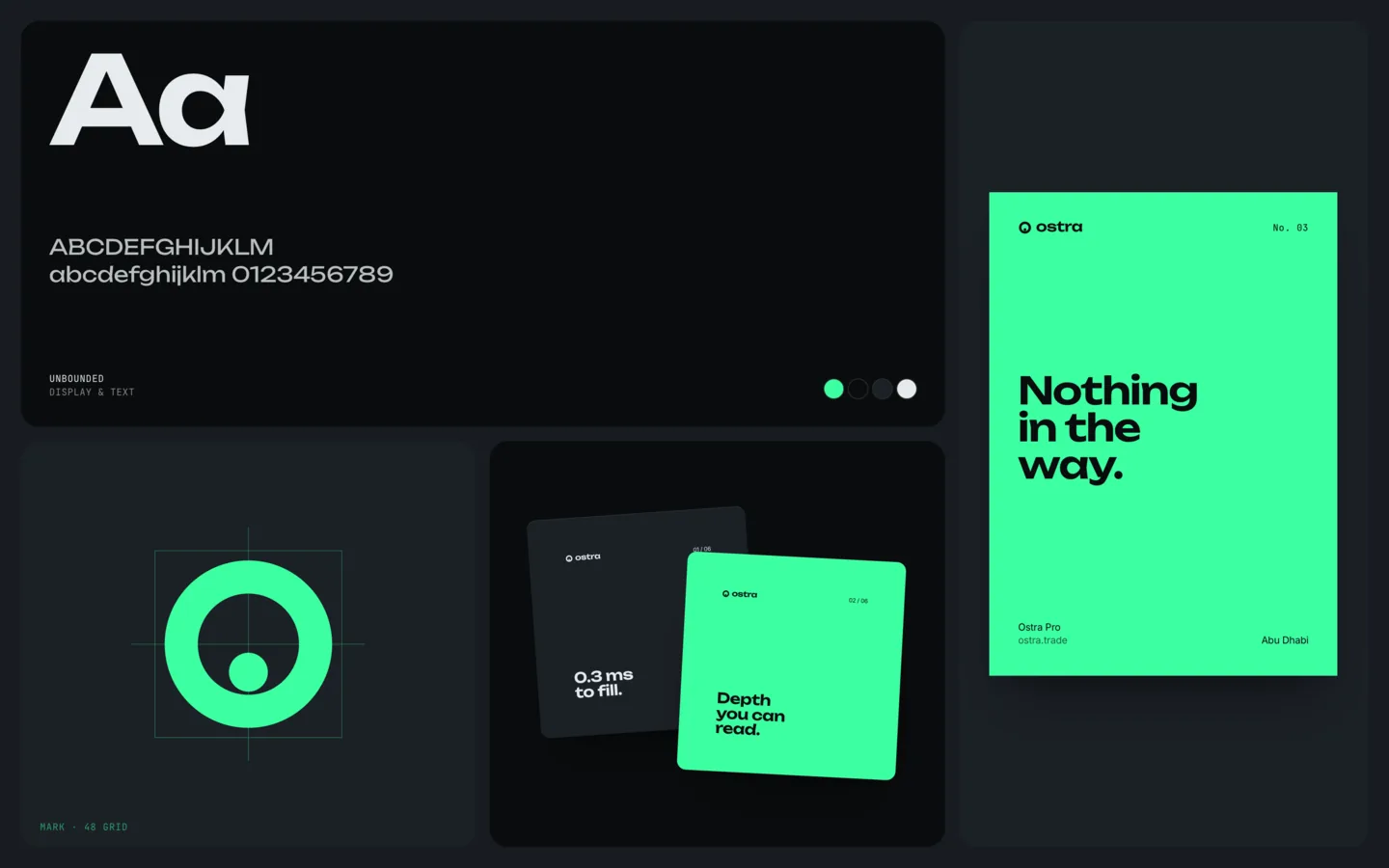 Ostra in use: a wide type specimen, a green poster reading Nothing in the way., the mark and two social posts