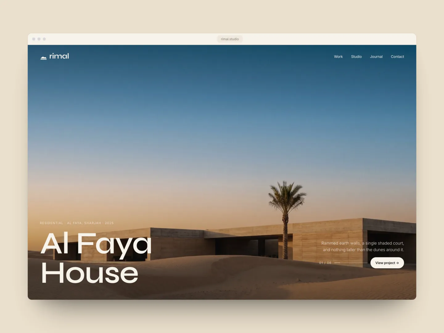 The Rimal homepage with a rammed-earth house in the dunes at dusk