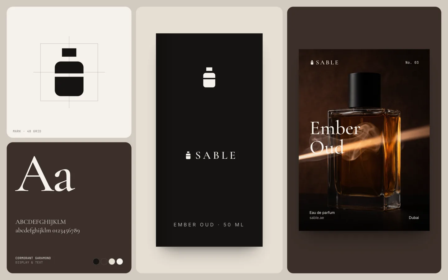 Sable in use: the flacon mark, a black Ember Oud box, a campaign poster and a Garamond type specimen